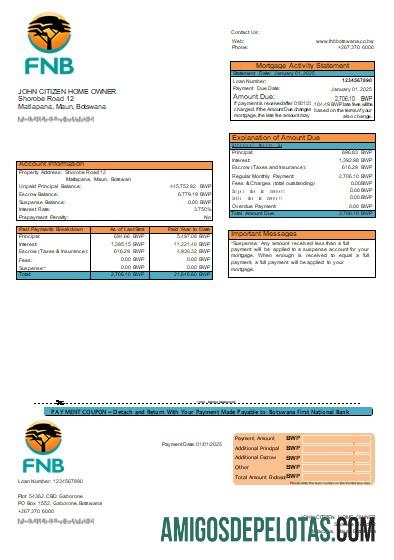 Declaração de hipoteca do primeiro banco nacional do Botswana amostra